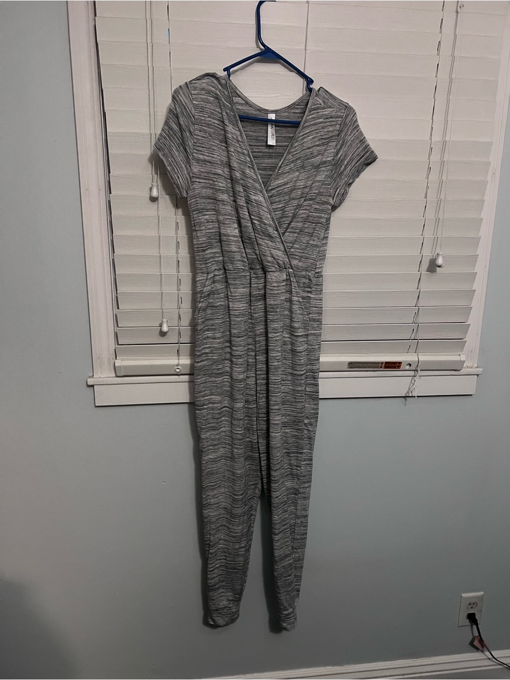 Latched Mama Heathered Wrap Short-Sleeve Jumpsuit in Light Gray - Picture 2 of 5